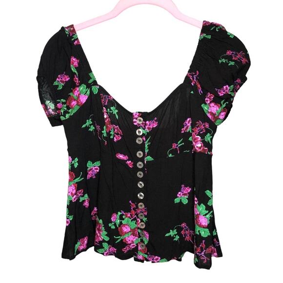 Free People Tops - Free People Close To You Floral Puff Sleeve Button Down Top Charcoal Size XS